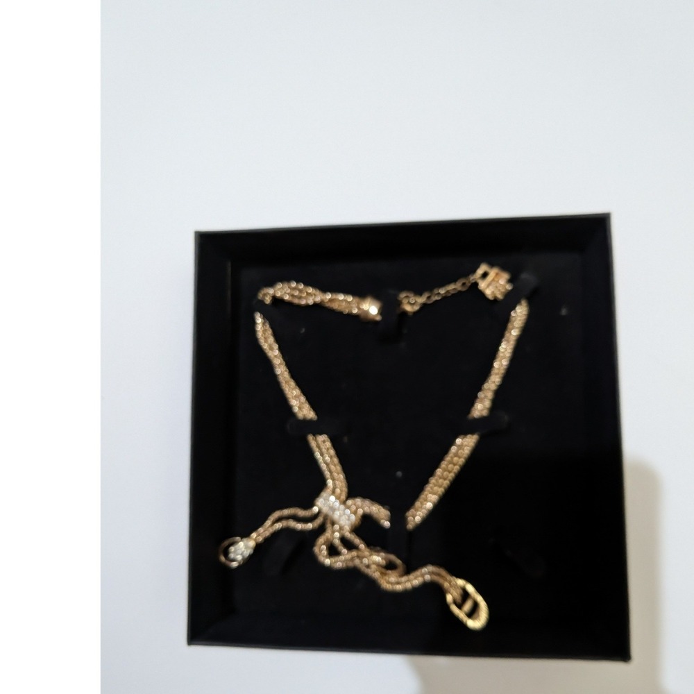 Gold Tone Multi Strand Rhinestone Logo Charm Lariat Necklace Adjustable 15in